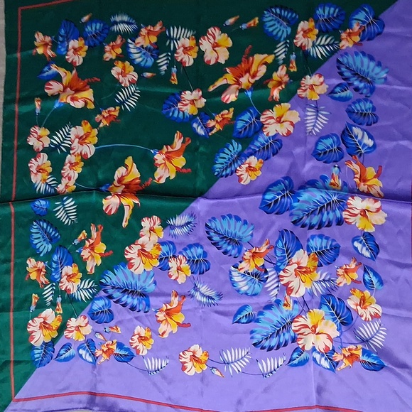 Floral Silk Scarf with Green and Purple Design - Picture 3 of 3